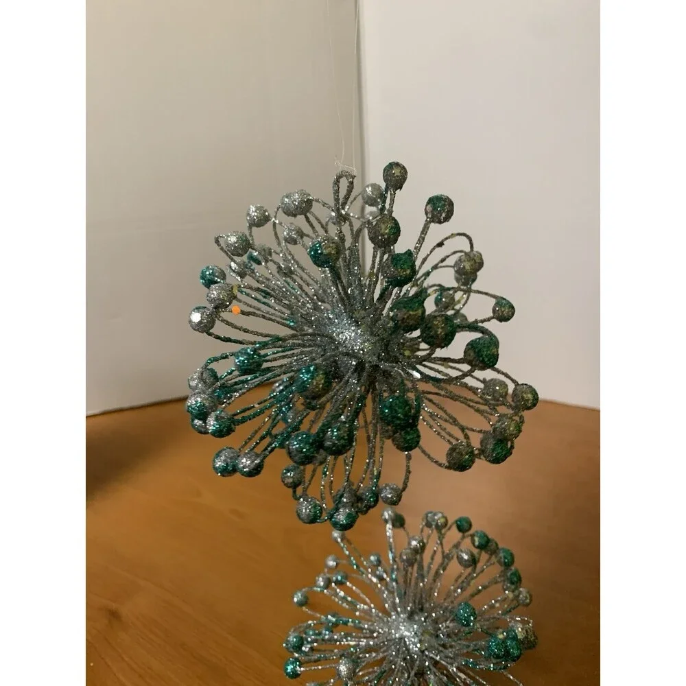 Lot Of 2 Star Burst Christmas Ornaments Silver And Blue  5”